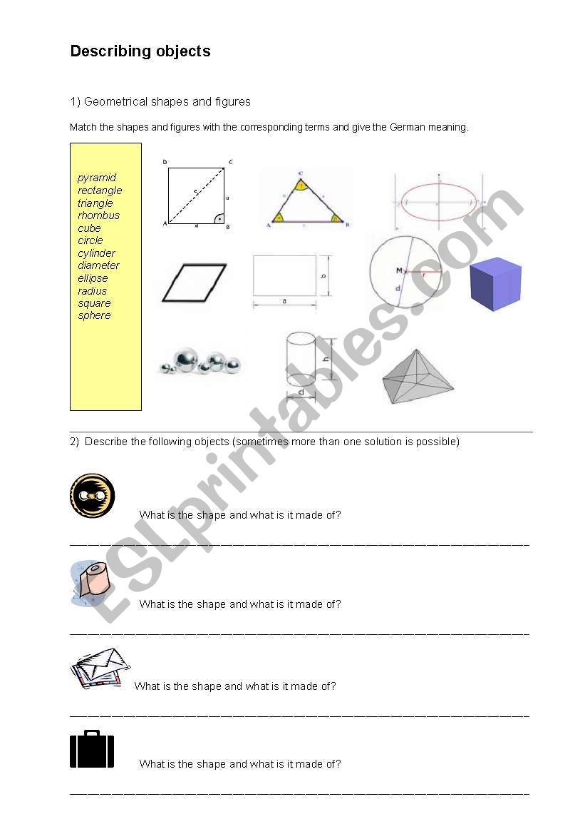 Describing objects and shapes worksheet