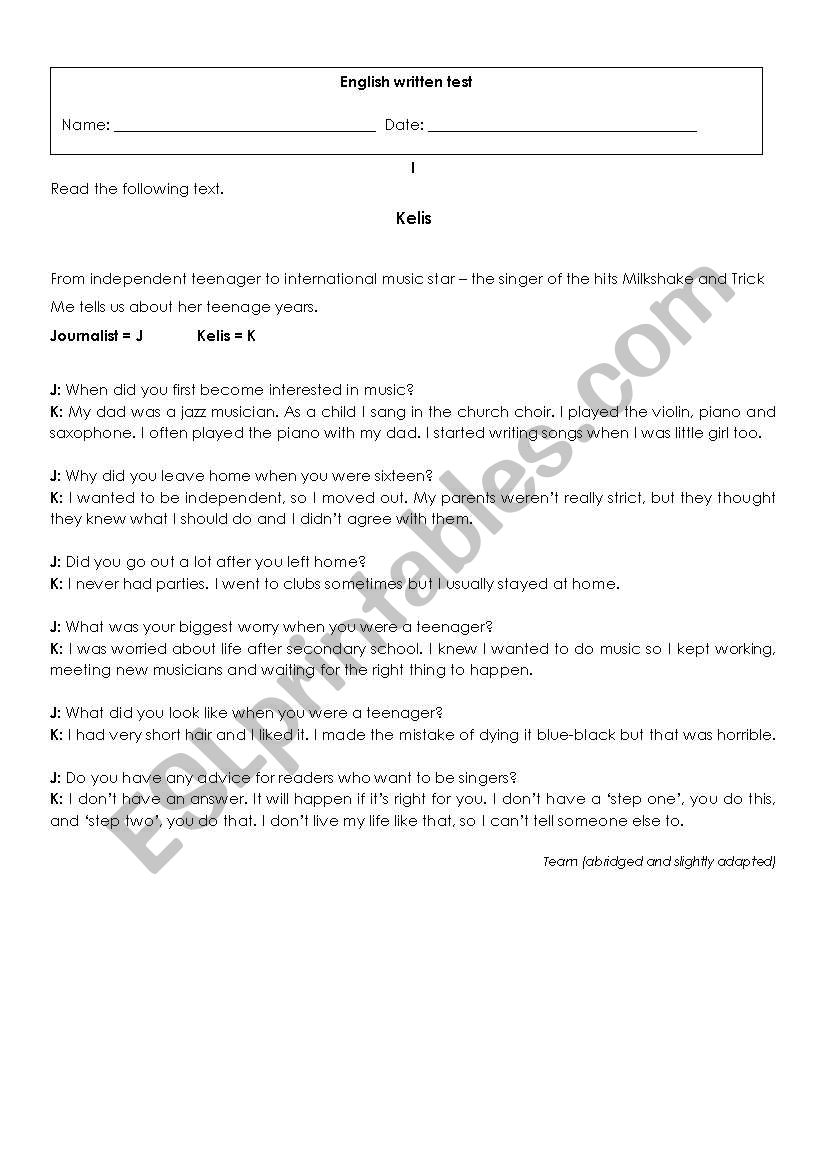 Kelis worksheet