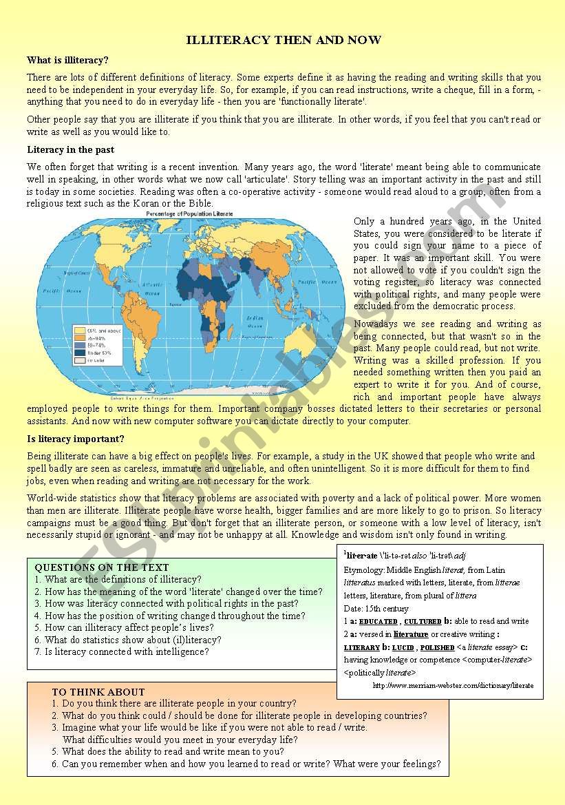 ILLITERACY THEN AND NOW worksheet