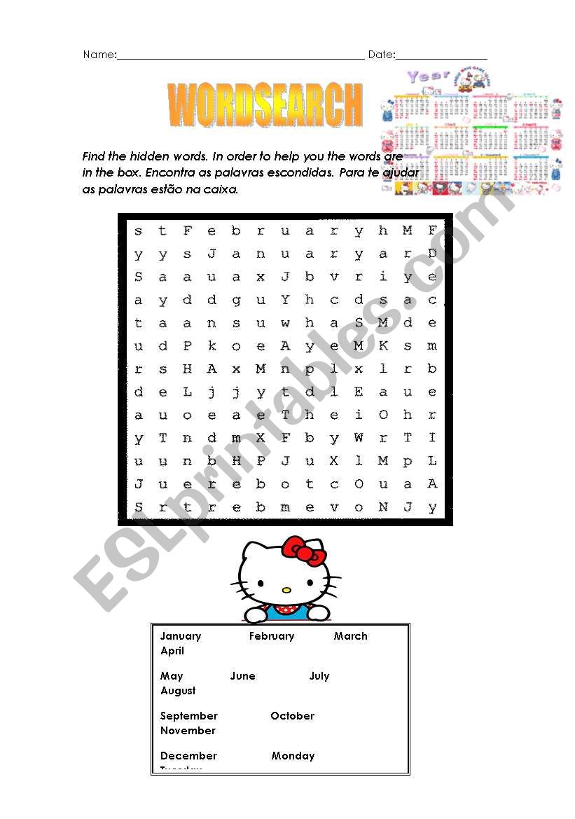 Word search months and days of the week