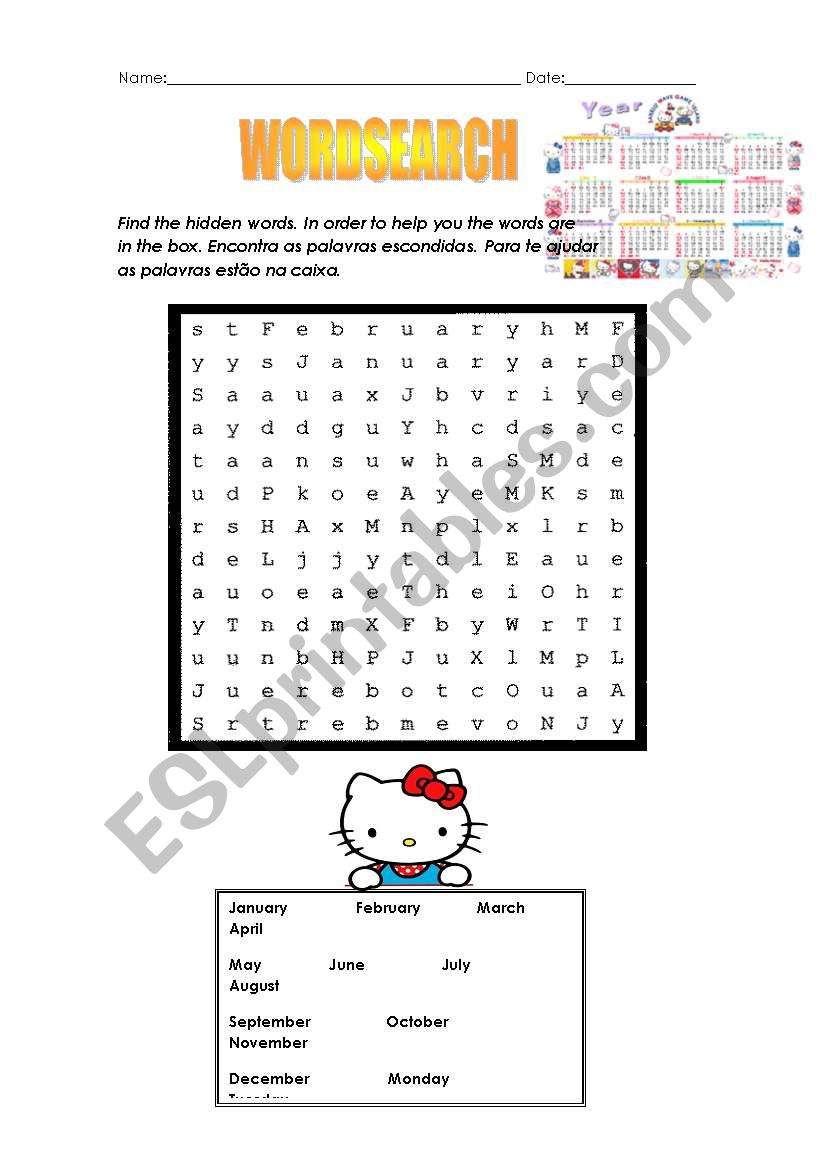 Word search months and days of the week