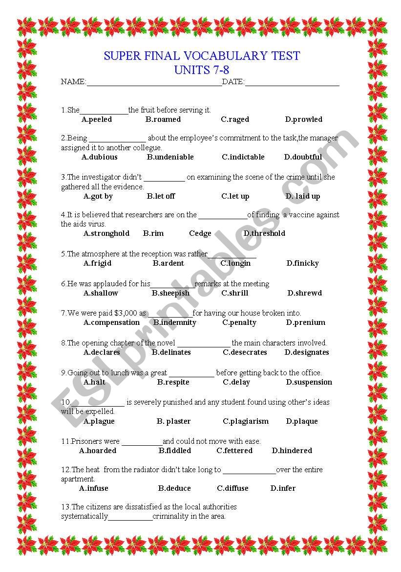 SUPERFINAL VOCABULARY TEST UNITS 7-8