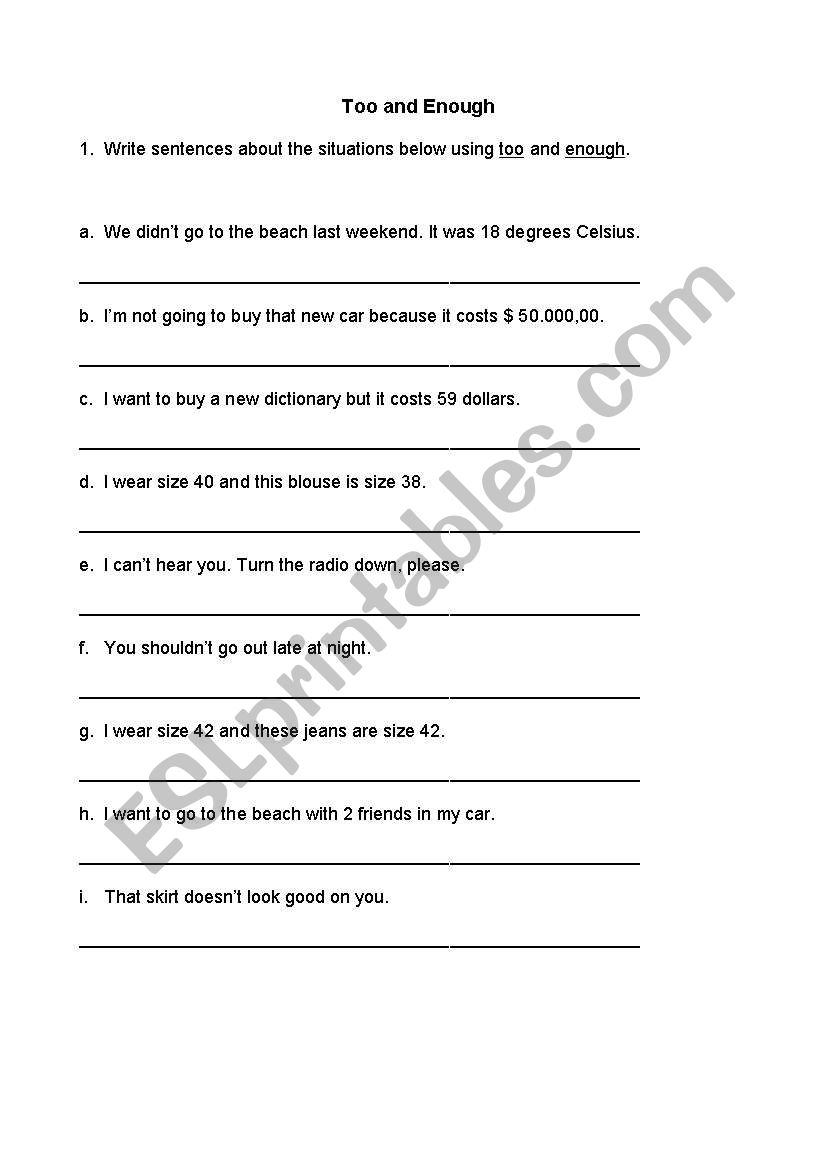 Exercise on TOO and ENOUGH worksheet