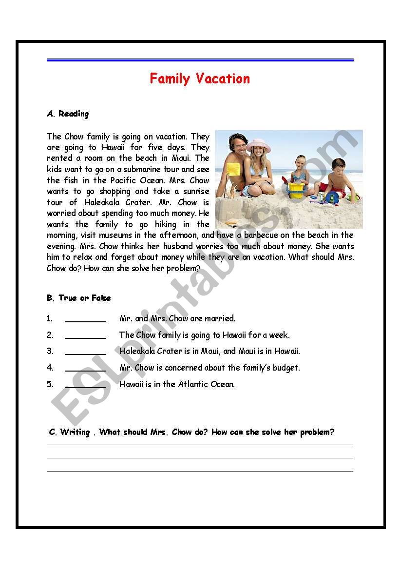 Family vacation worksheet