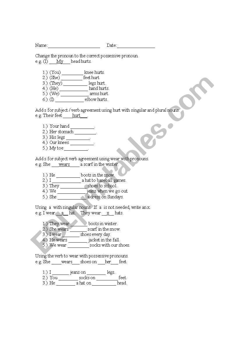 Body parts and Clothing worksheet