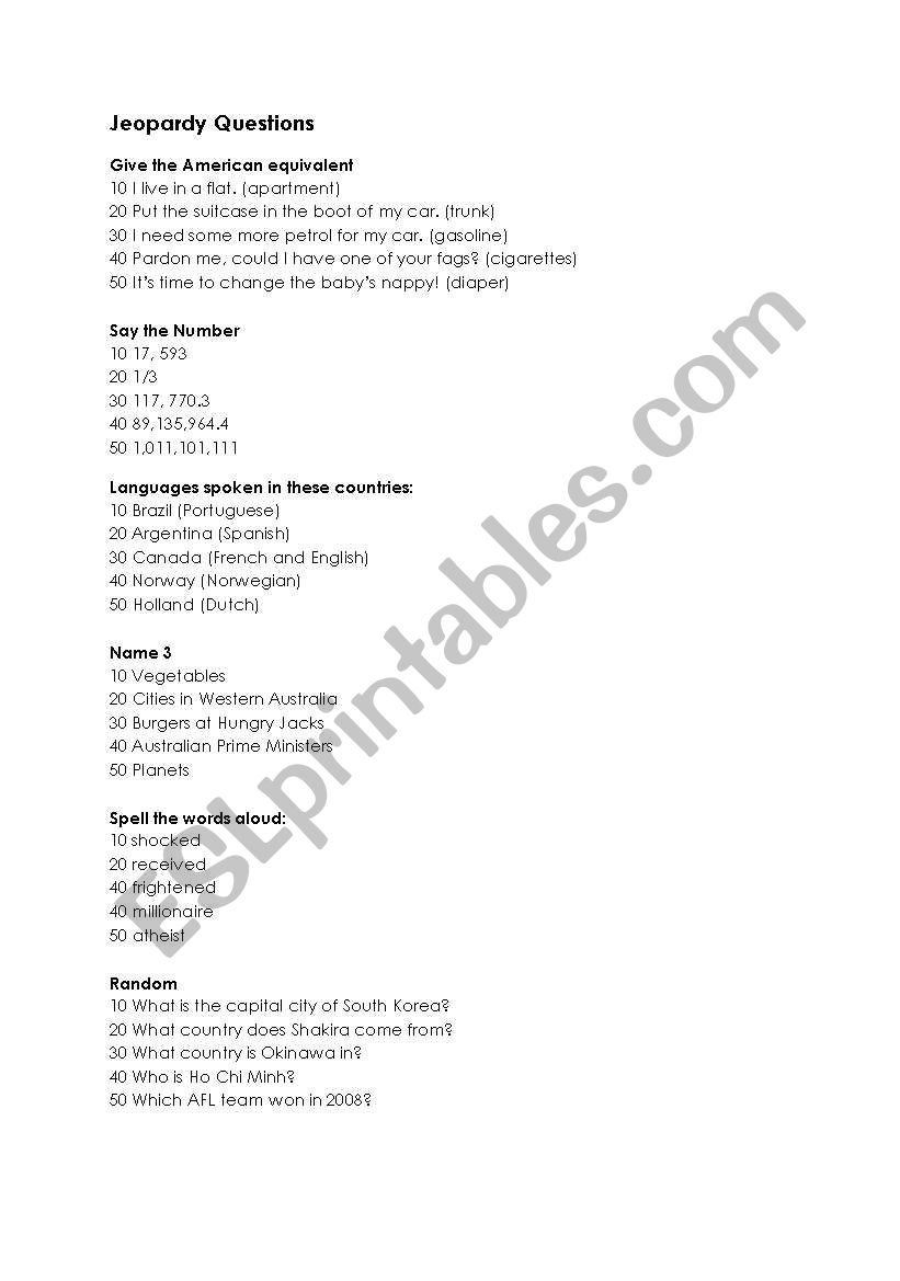 Jeopardy Trivia Question worksheet