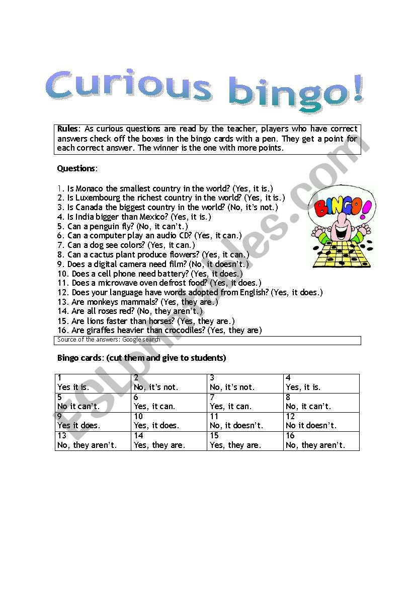 Curious bingo worksheet