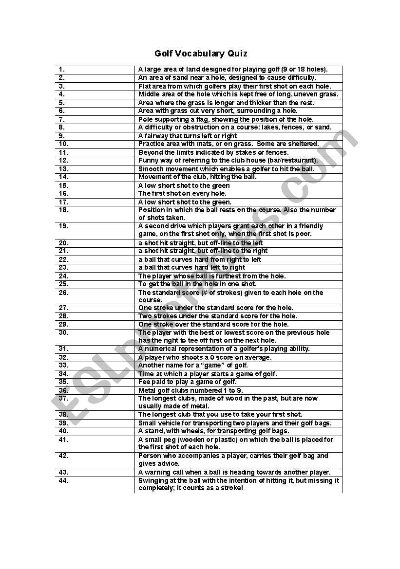 Golf Vocabulary Quiz worksheet