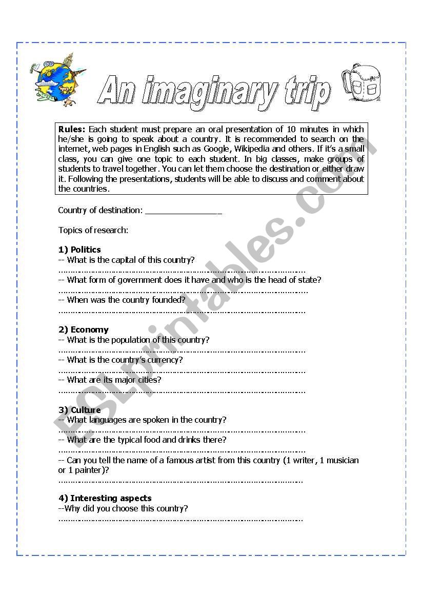 An imaginary trip worksheet