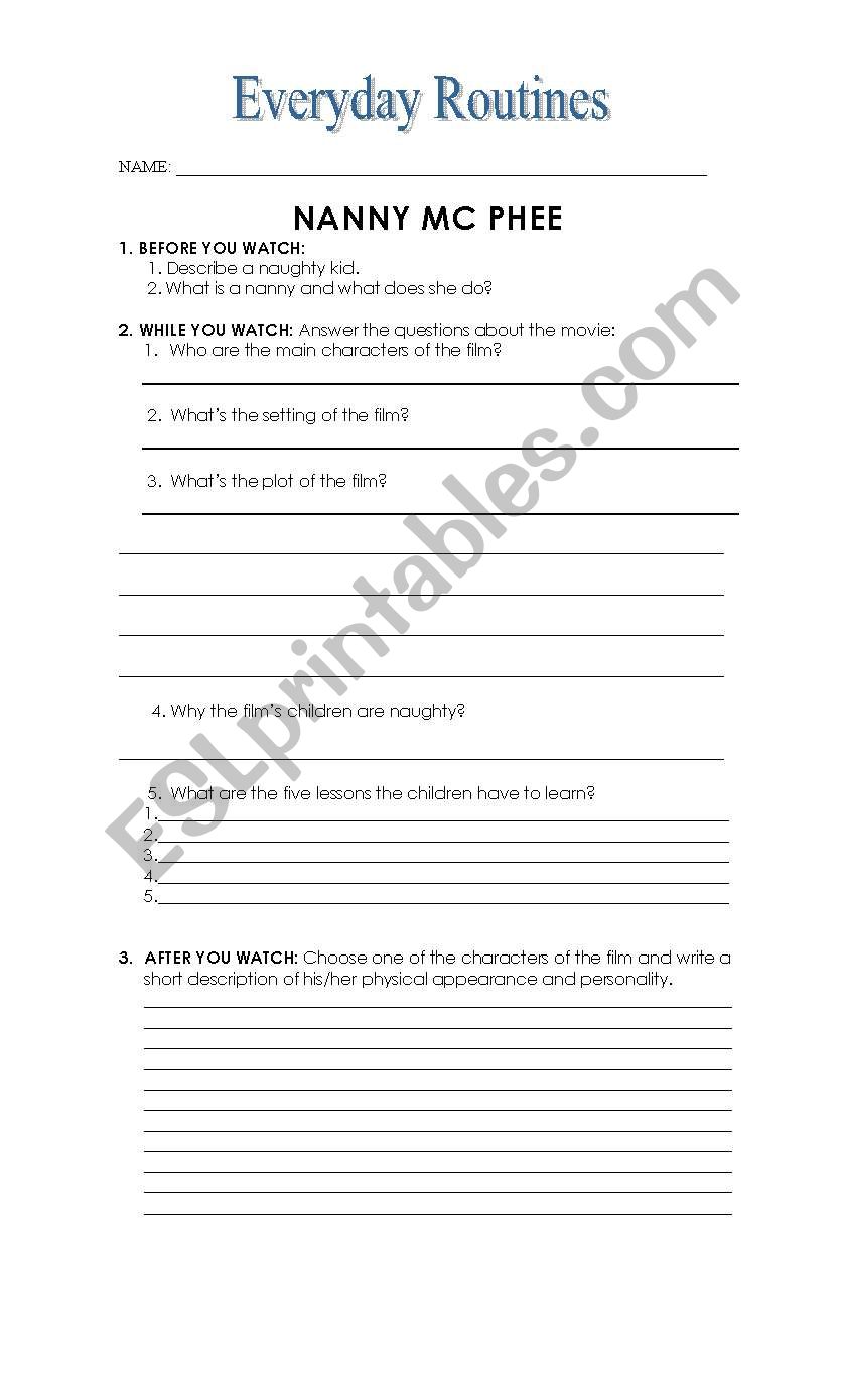 Nanny McPhee worksheet