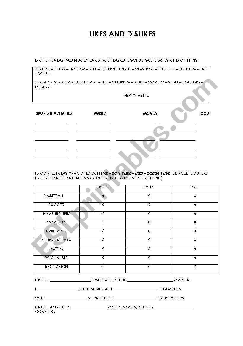 LIKES AND DISLIKES worksheet