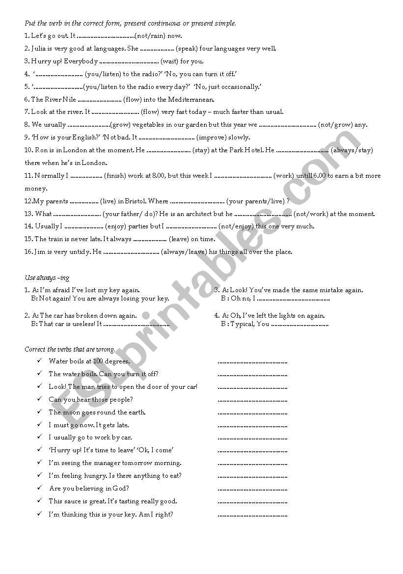 present simple & continuus worksheet