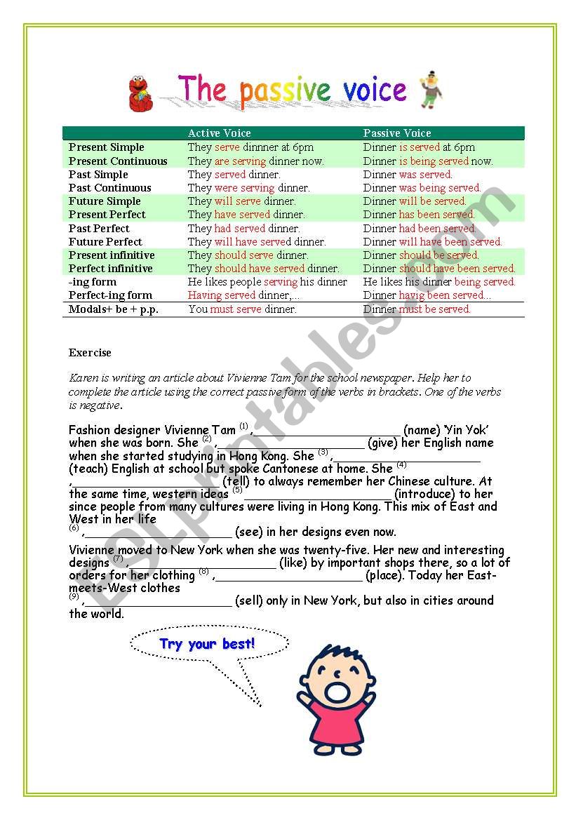 Passive Voice chart, exercise with key