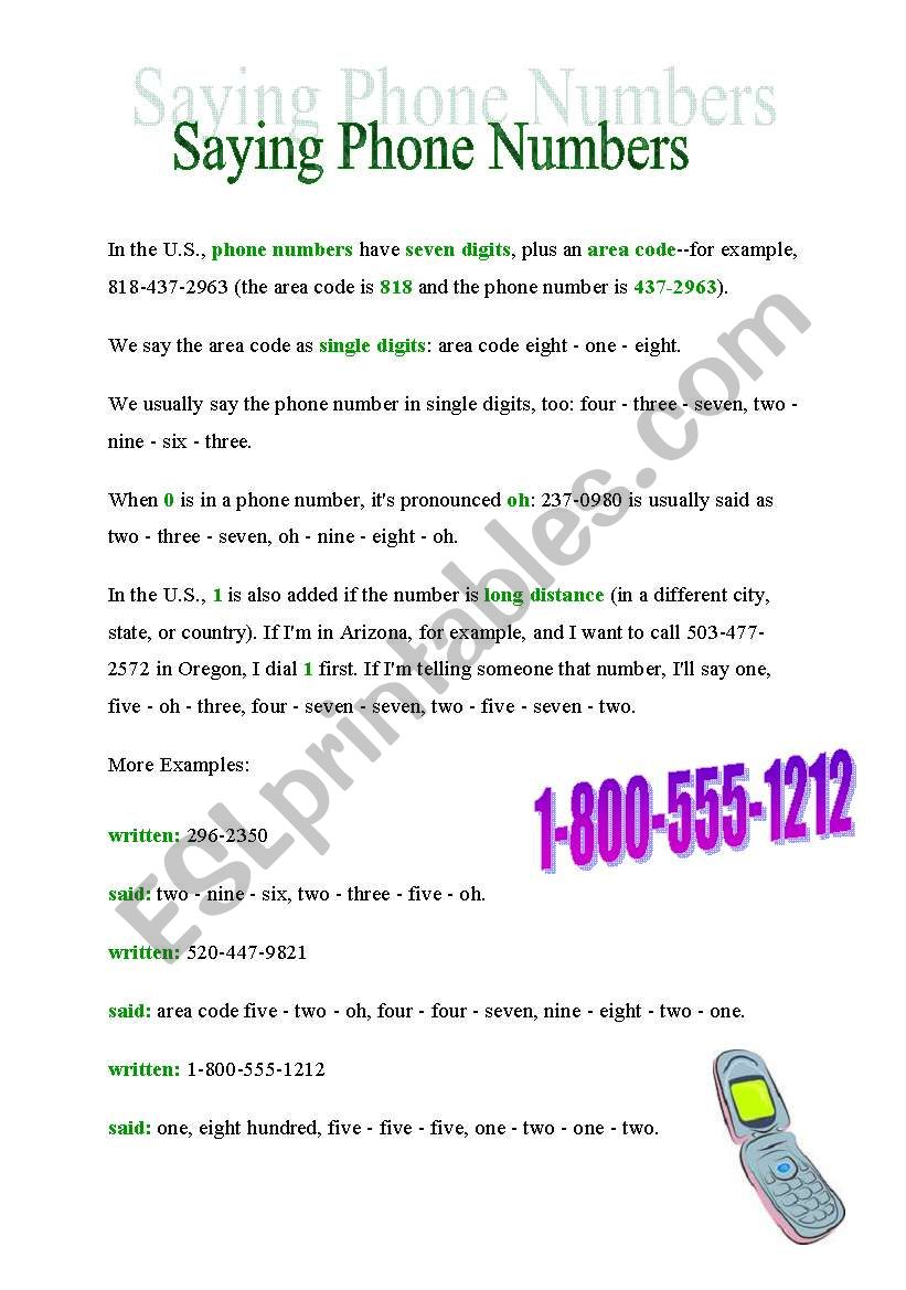 SAYING PHONE NUMBERS worksheet