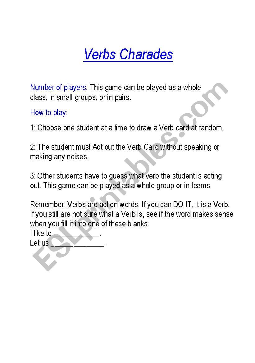 Verb charades worksheet