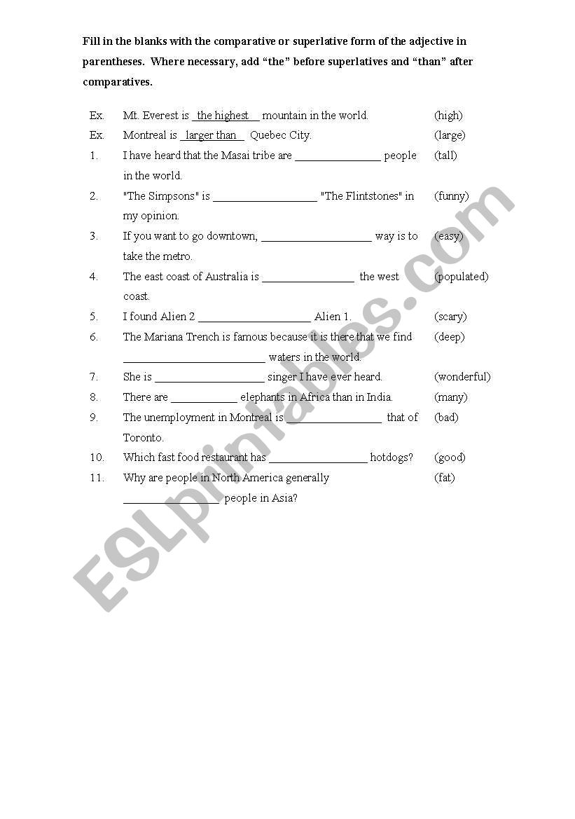 comparatives/superlatives worksheet