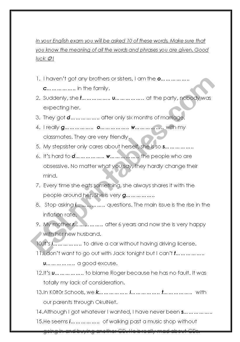 Vocabulary Sheet worksheet