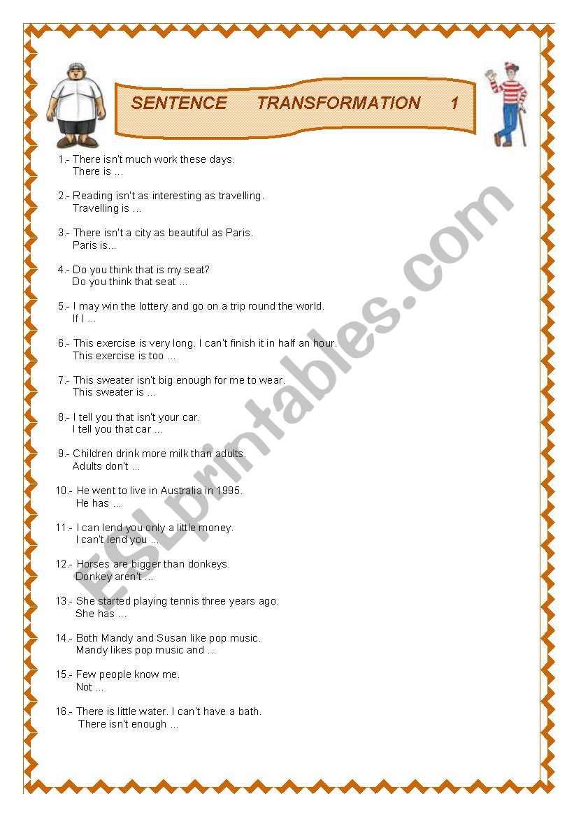 Transformation of sentences worksheet