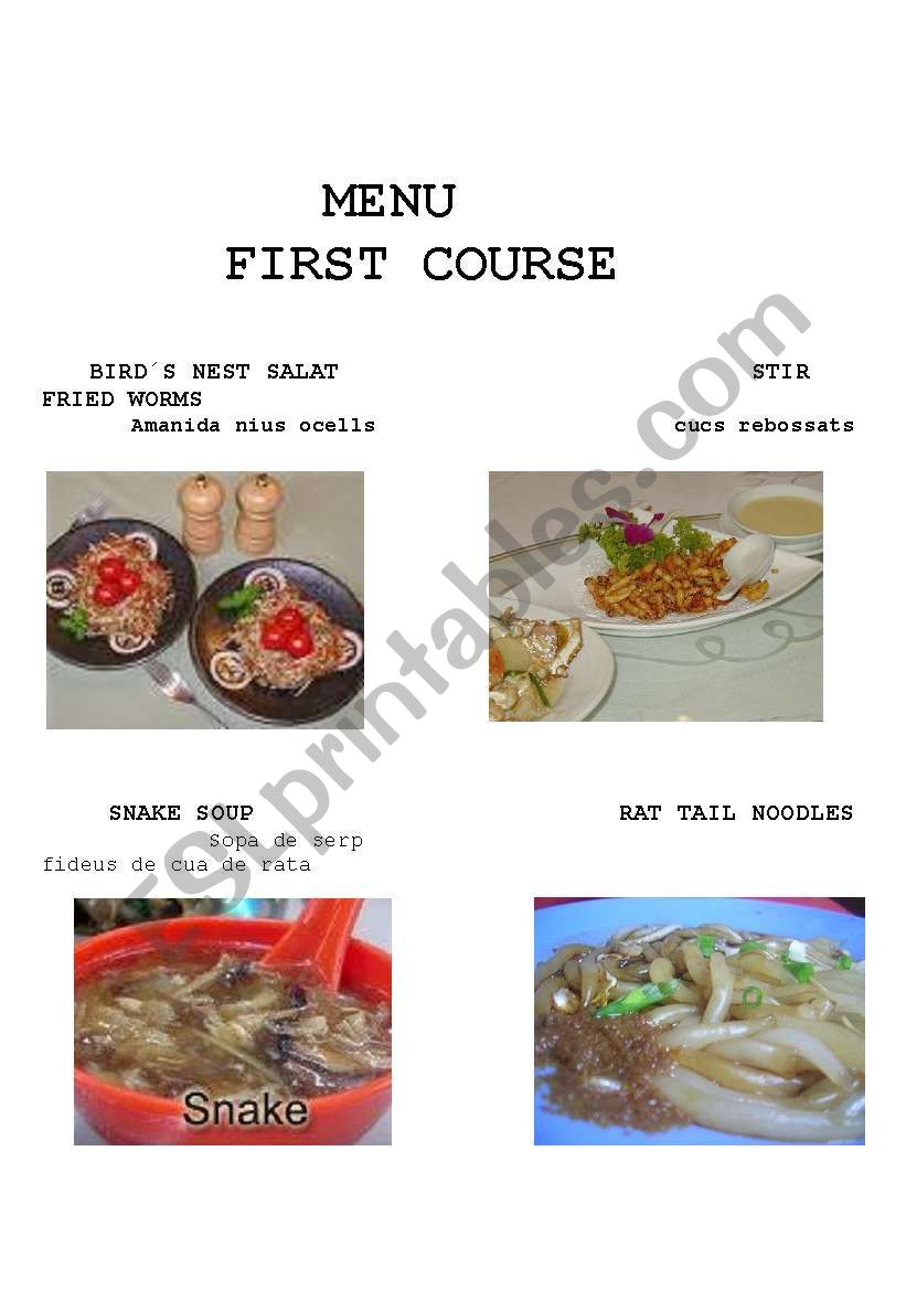 EXOTIC FIRST COURSE MENU worksheet