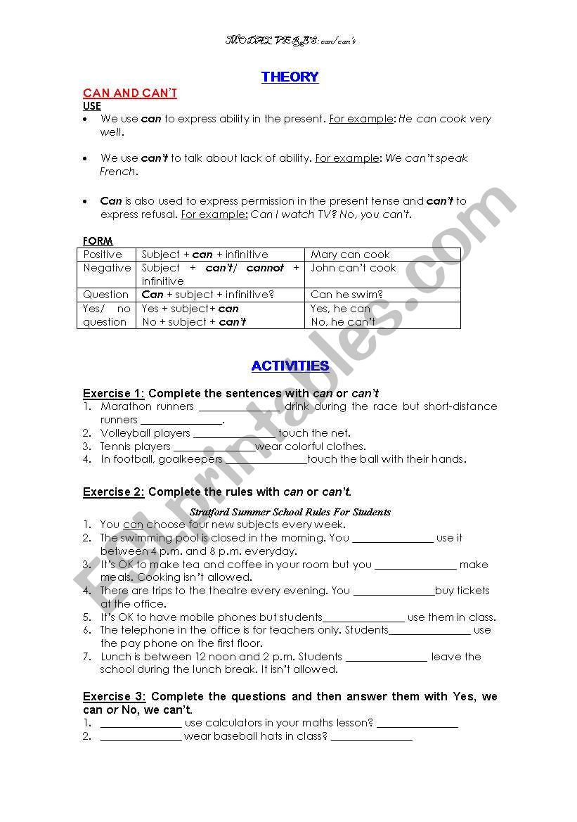 Modal verbs: can/cant worksheet
