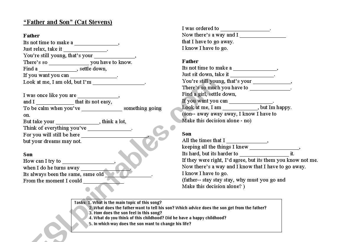 Song - Cat Stevens - Father and Son (gap filling exercise)