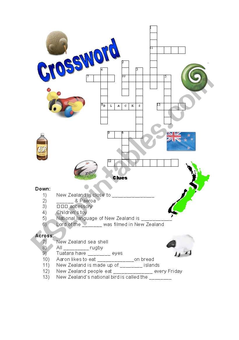New Zealand crossword worksheet