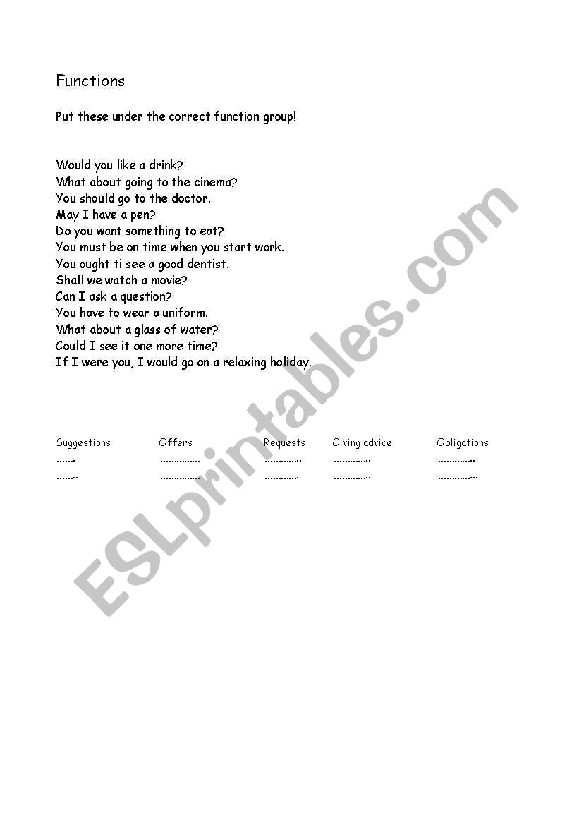 functions worksheet