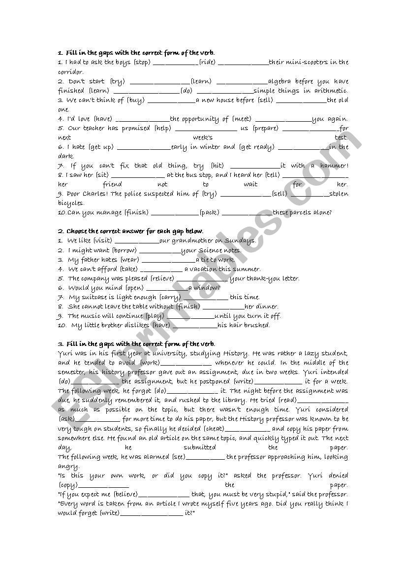 Infinitive and Gerunds worksheet