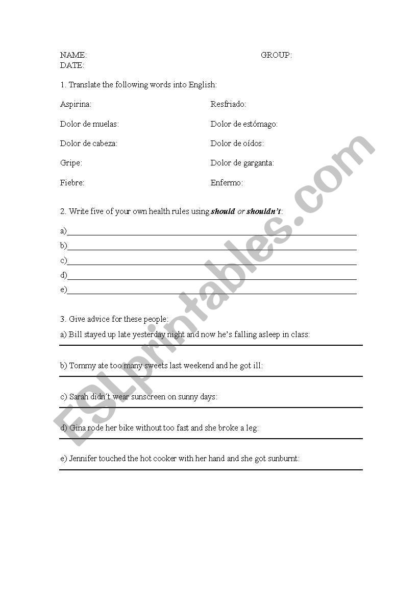exam or worksheet on giving advice and illnesses vocabulary
