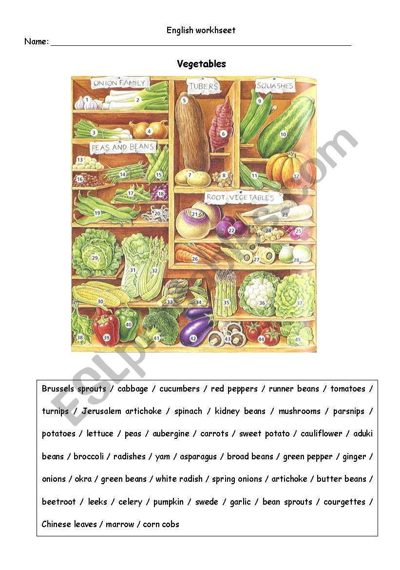 Vegetables worksheet