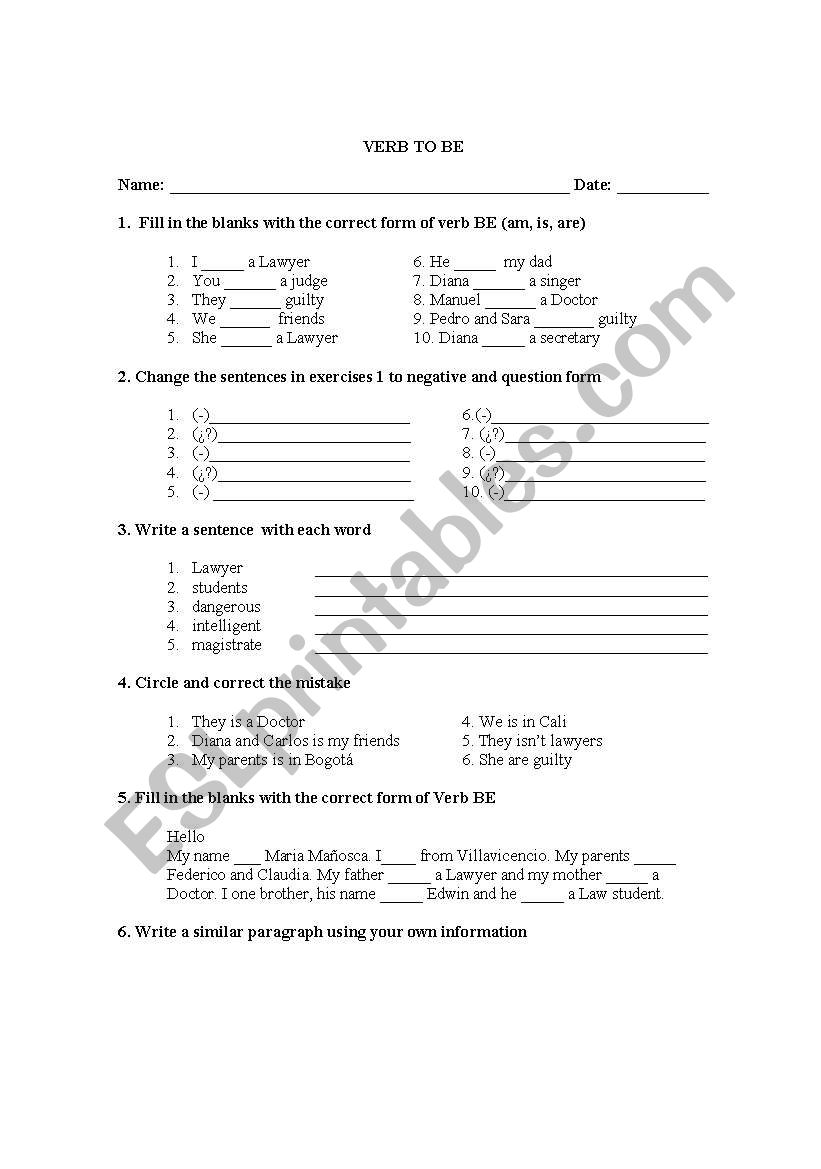 VERB BE worksheet