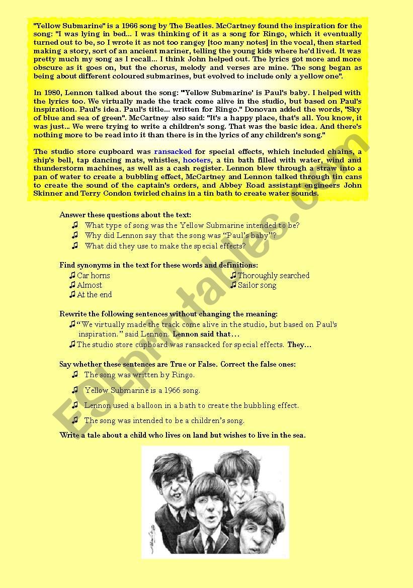 Yellow submarine II worksheet