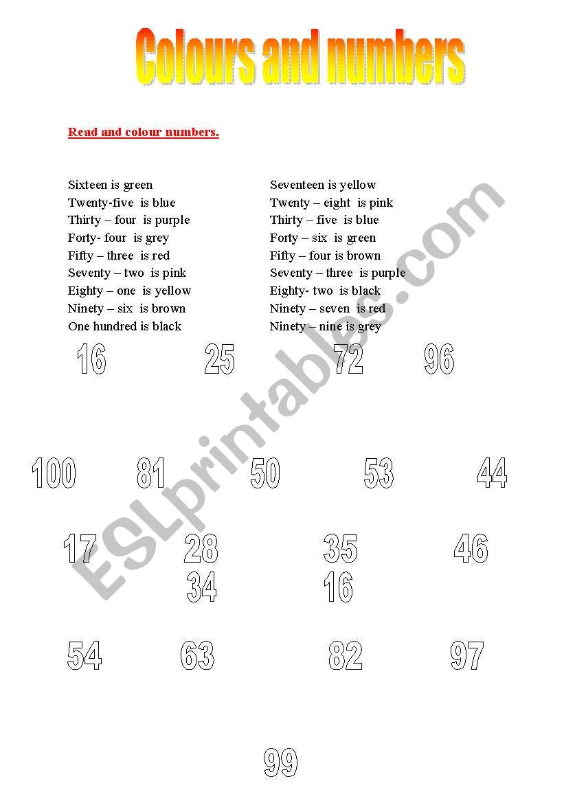 Colours and numbers worksheet