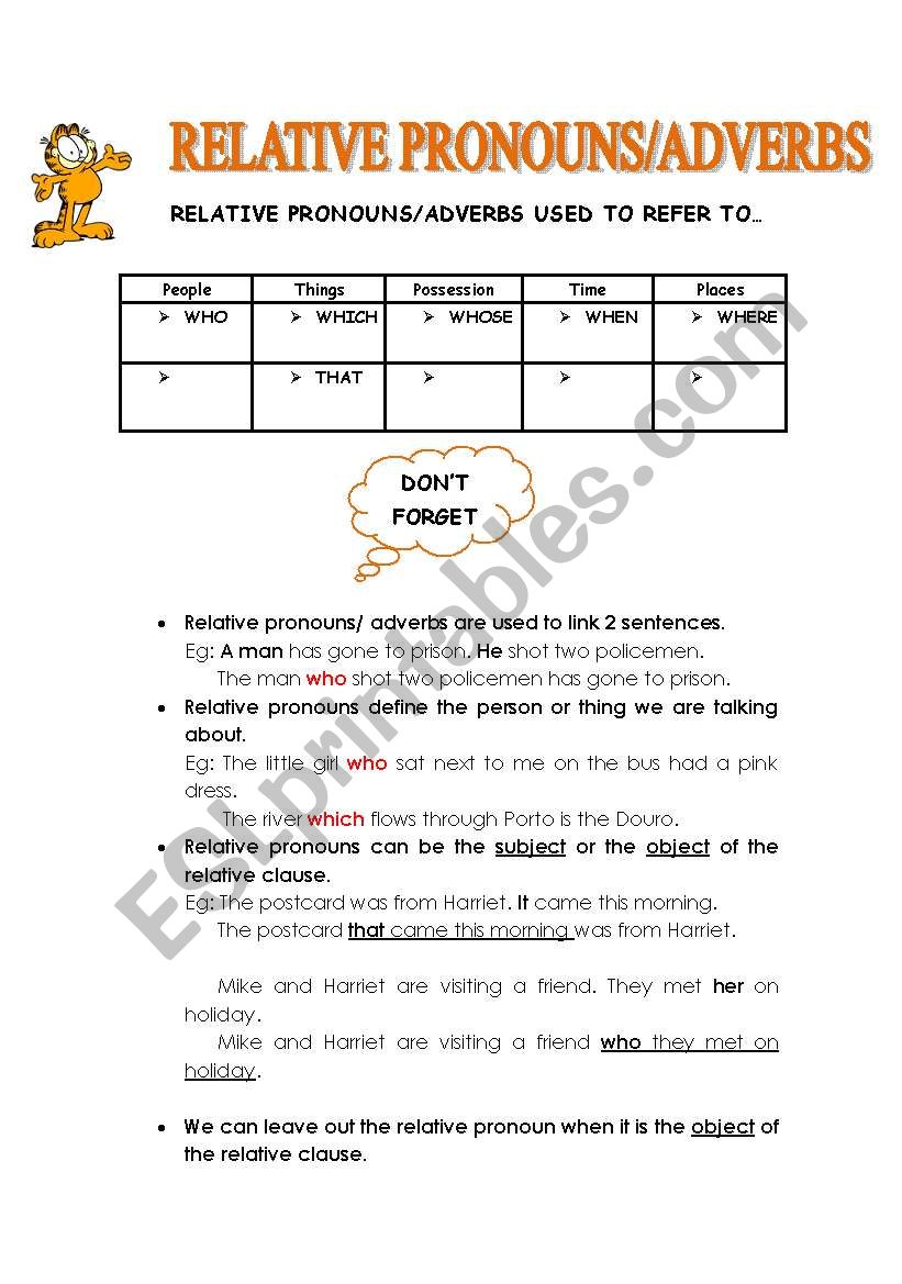 Relative pronouns/adverbs worksheet