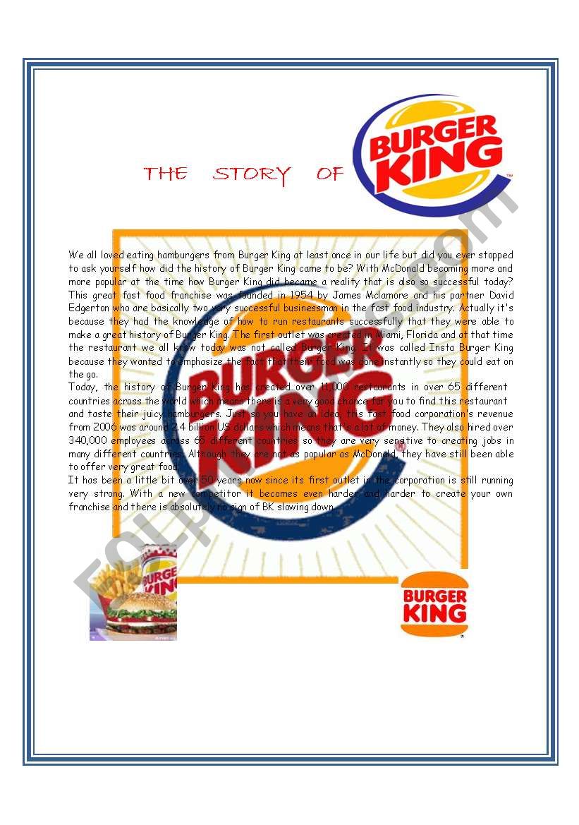 BURGER KING STORY worksheet