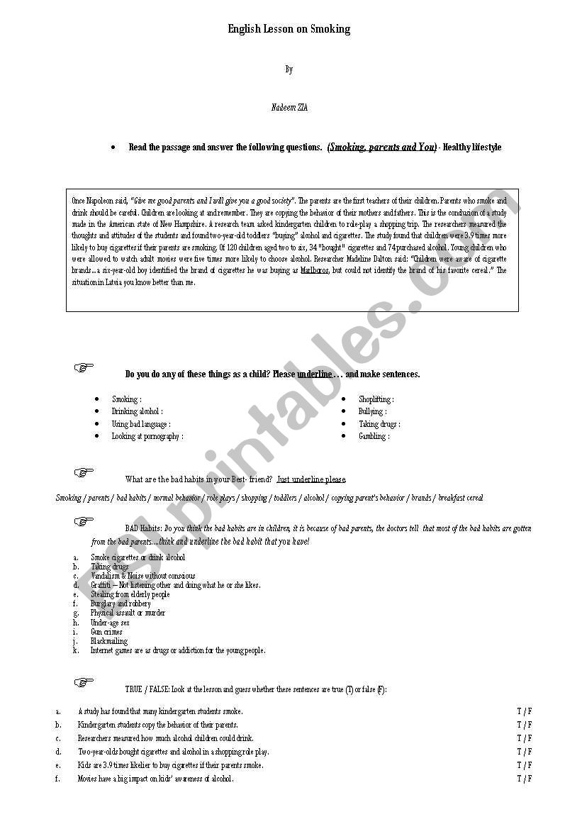 Smoking, you and Parents worksheet