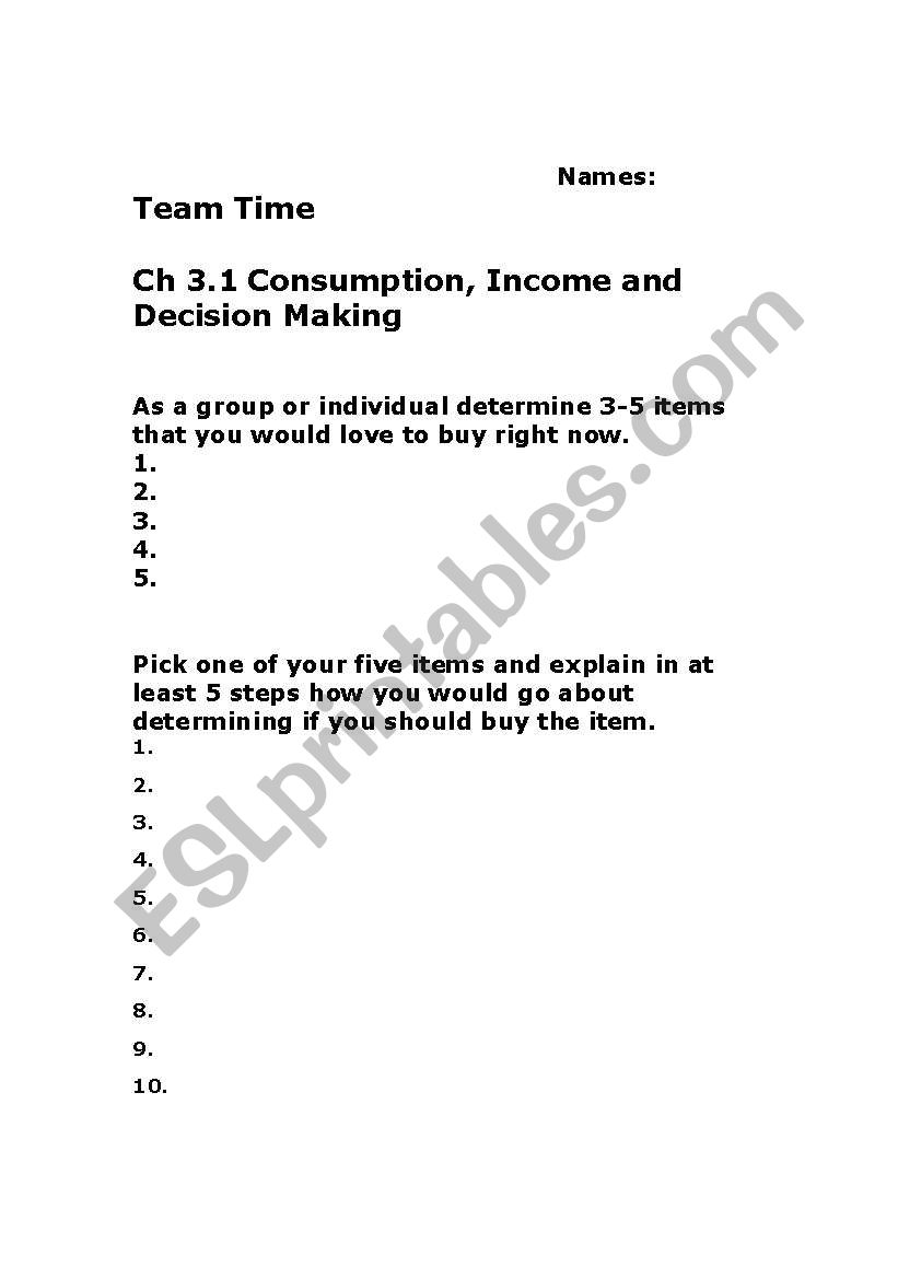 Consumption  worksheet