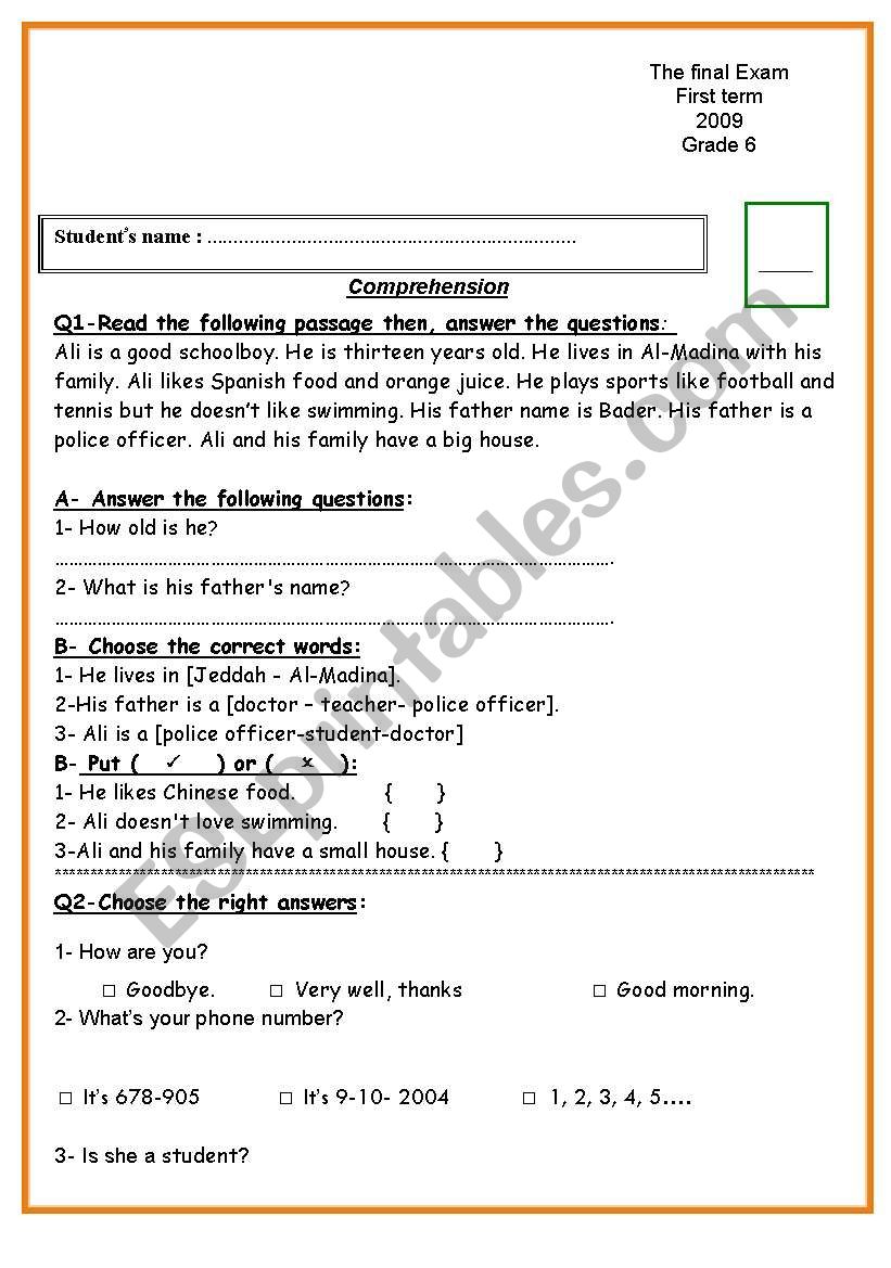 exam  worksheet
