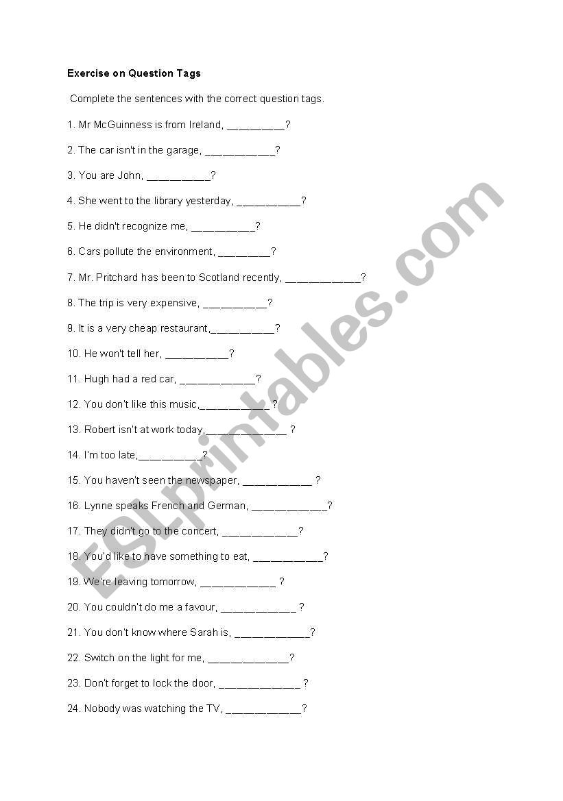 tag questions worksheet