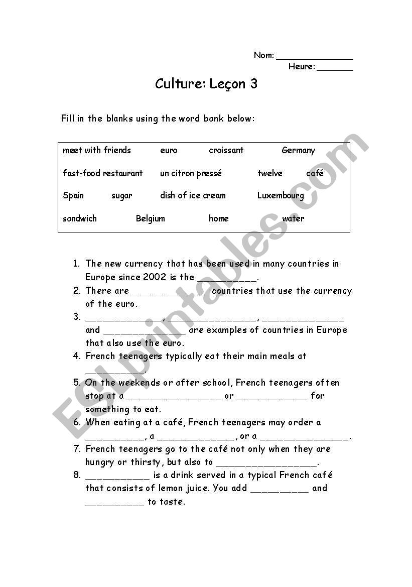 Caf Culture Worksheet worksheet