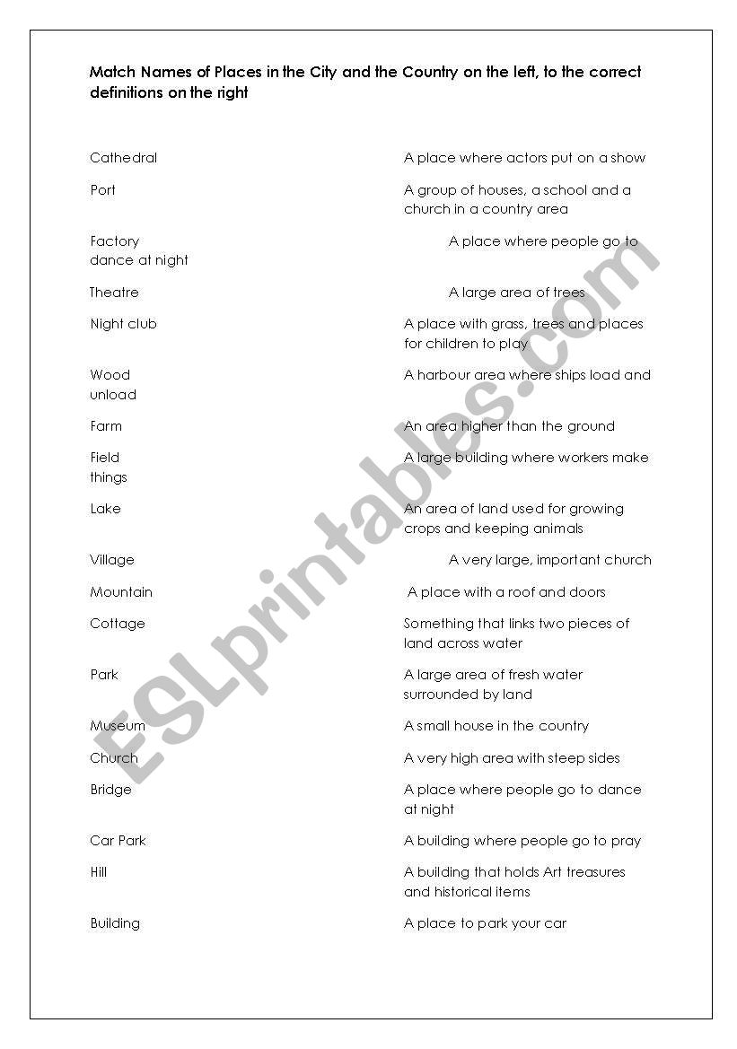 Matching Definitions City and Country Vocab