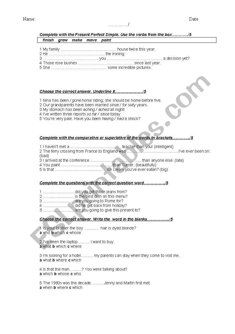 Written exercise worksheet