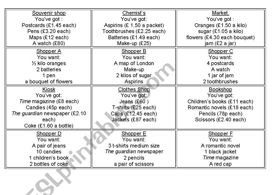 role- play going shopping worksheet