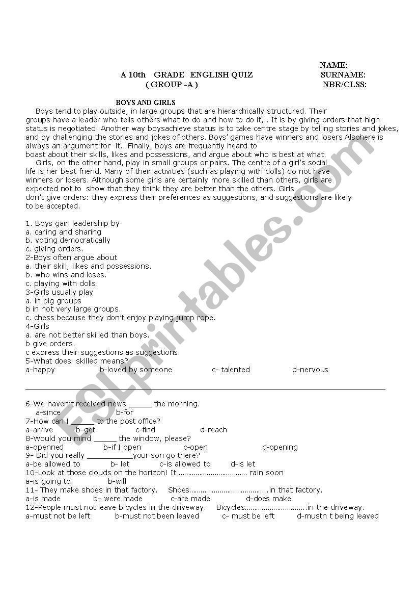 10th grade exam worksheet