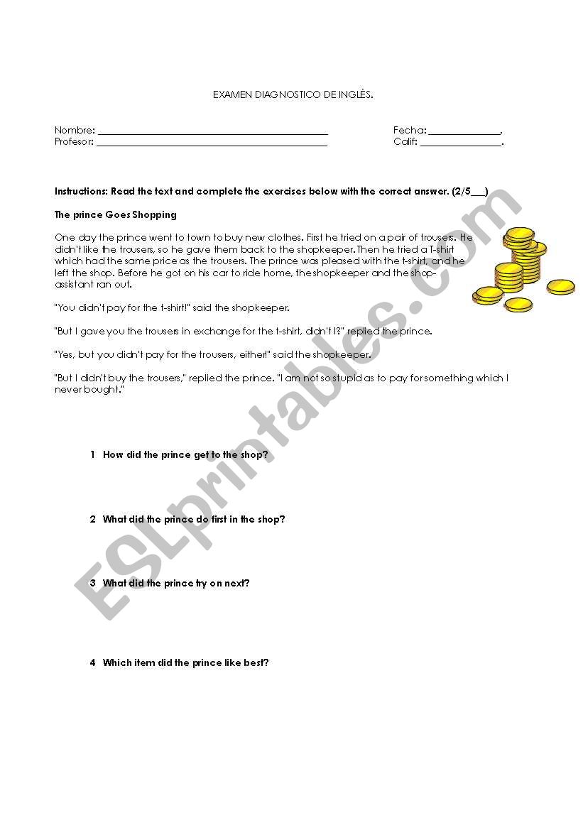 Shopping and Values worksheet