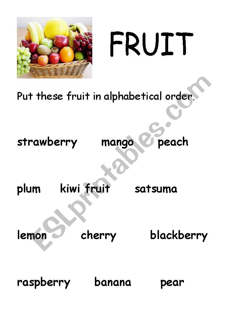 Alphabetical order - Fruit worksheet