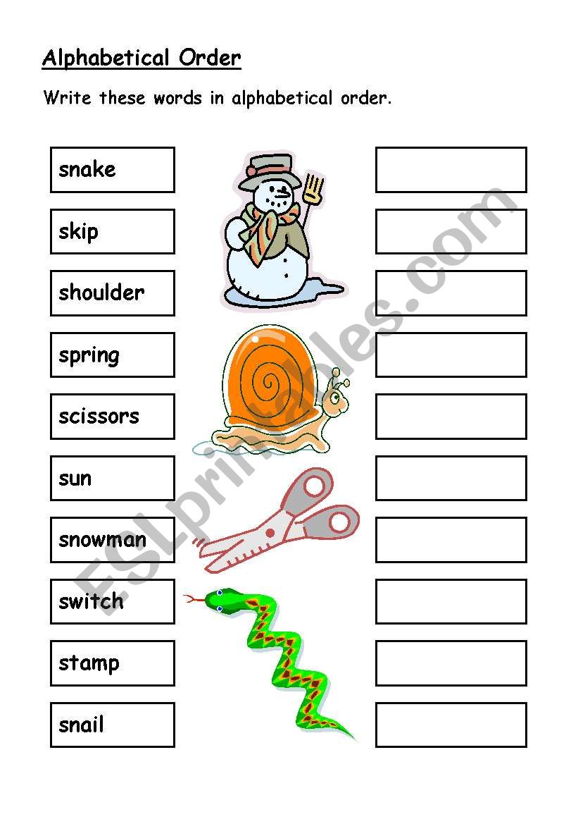 Alphabetical order - S words worksheet