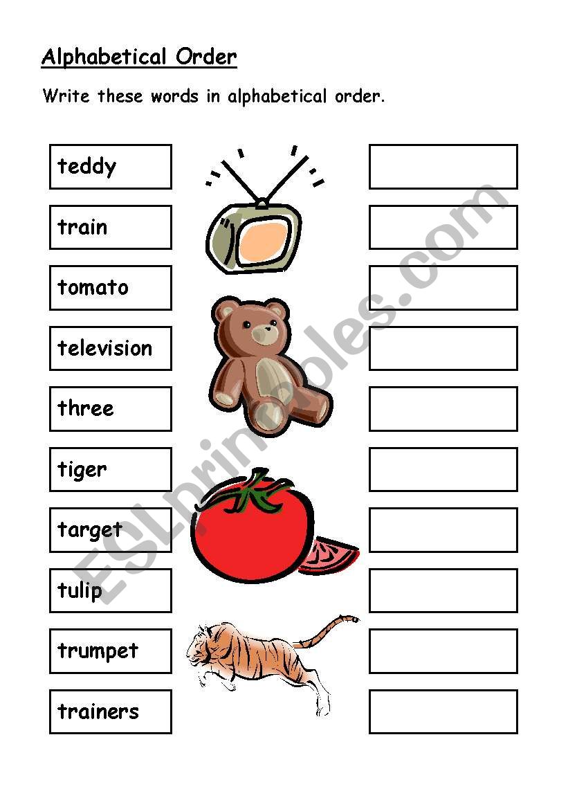 Alphabetical order - T words worksheet