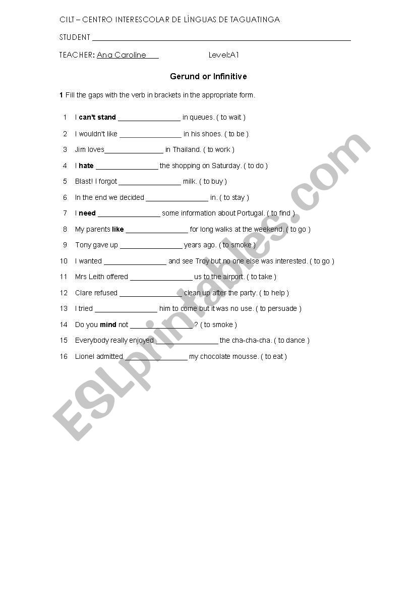 Gerund or Infinitives worksheet