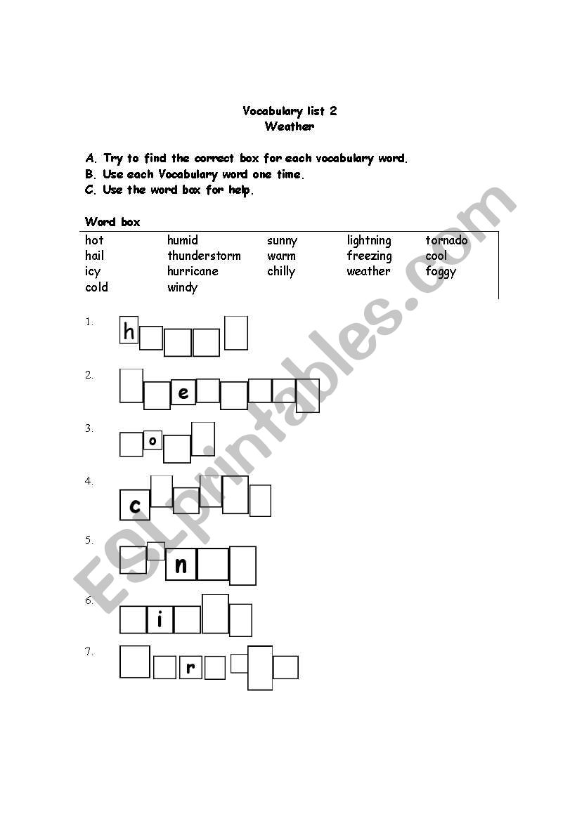 Vocabulary list 2 Weather worksheet